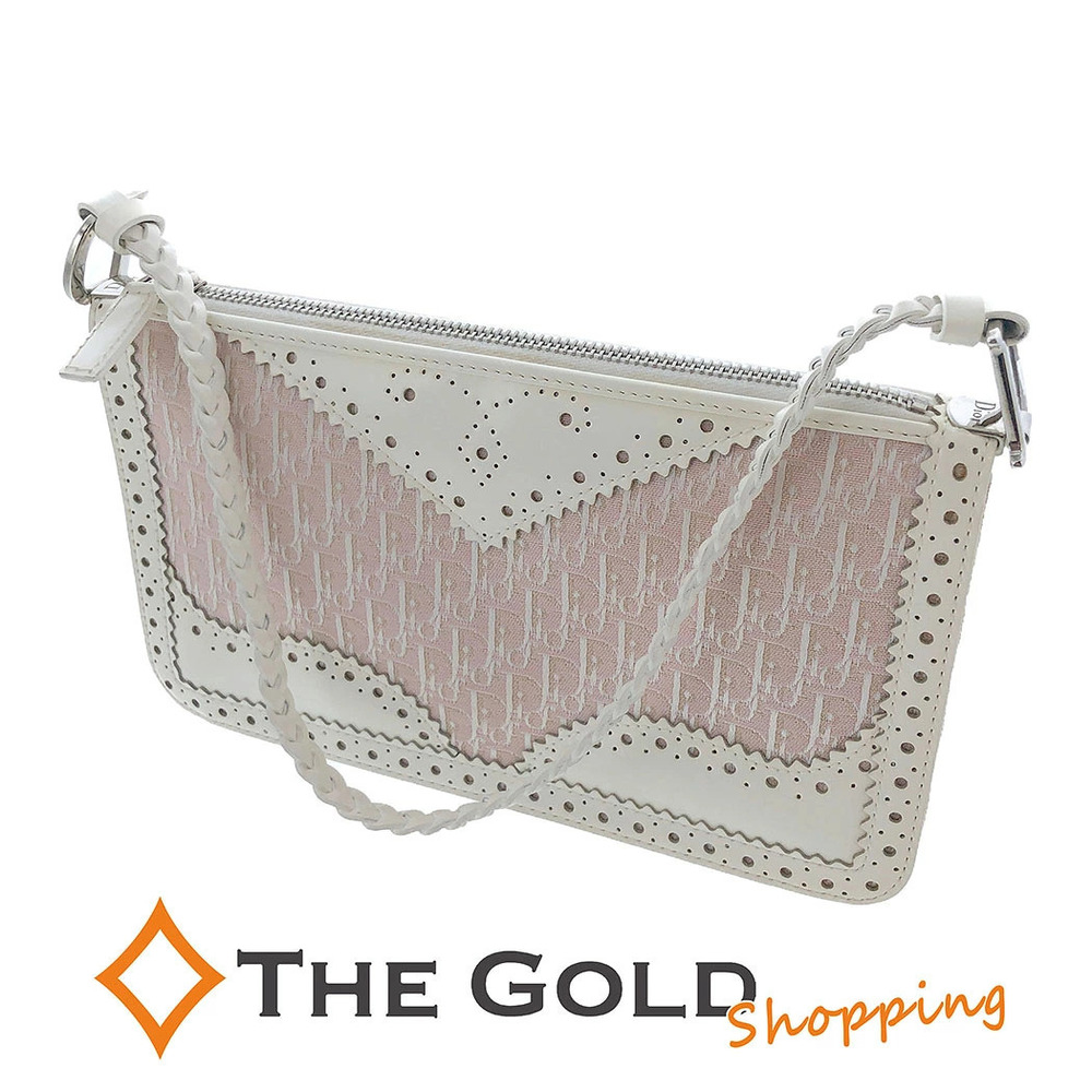 Christian Dior Trotter Pouch Canvas Leather Shoulder Pink White